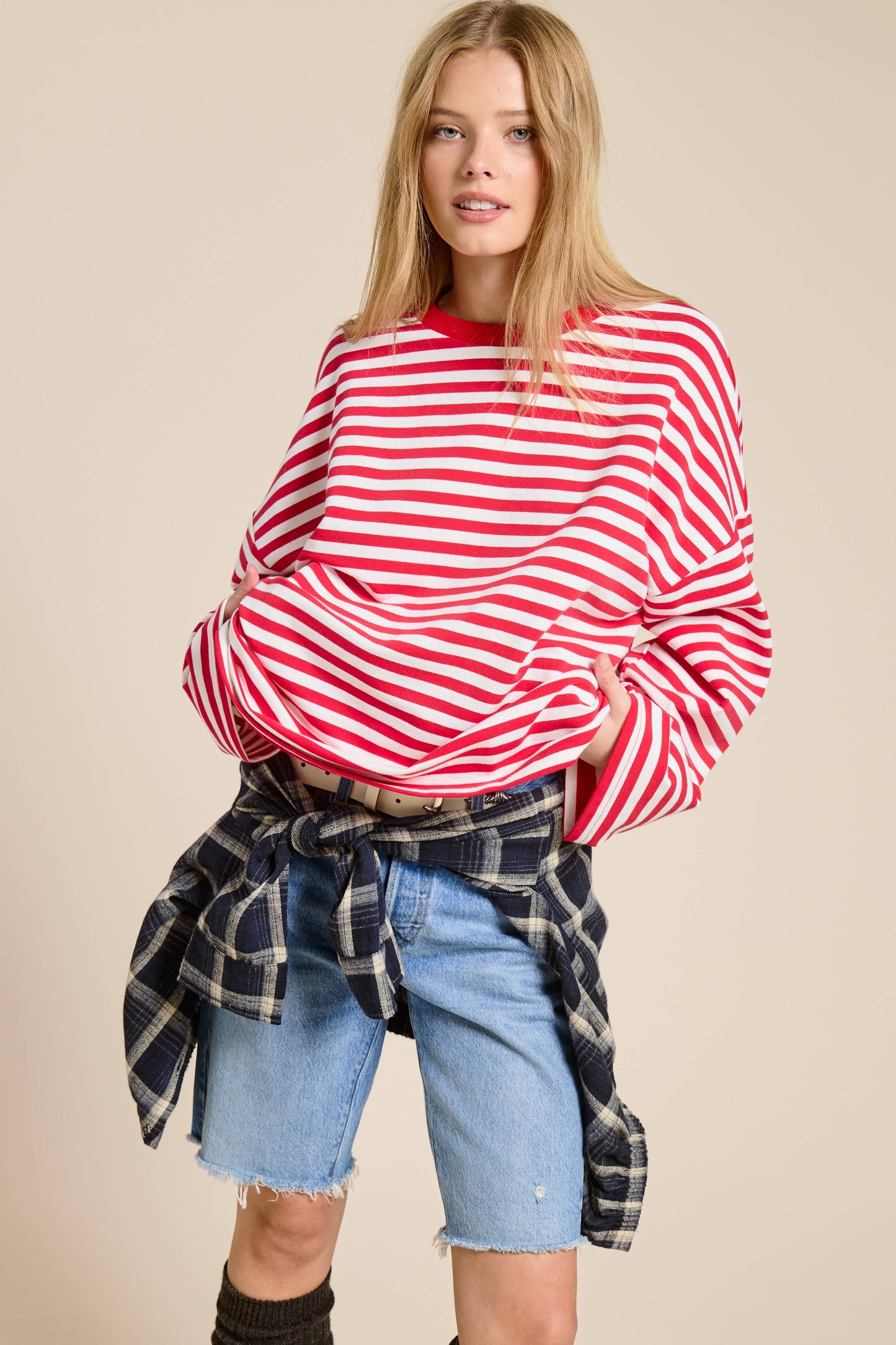 Red and White Striped Terry Oversized Long Sleeve Top