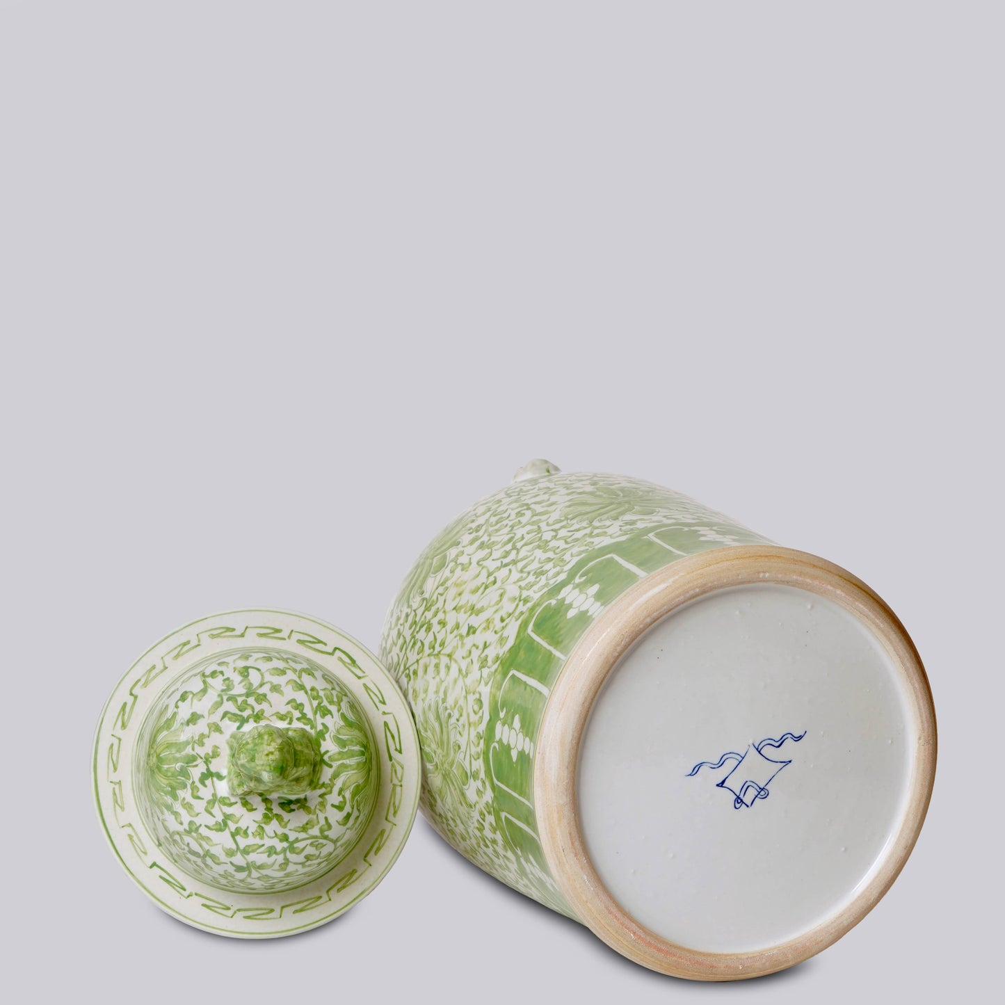 Green and White Porcelain Scrolling Lotus Temple Jar