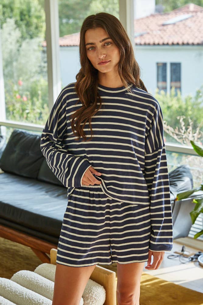 Knit Cotton Striped Mock Neck Long Sleeve in Navy
