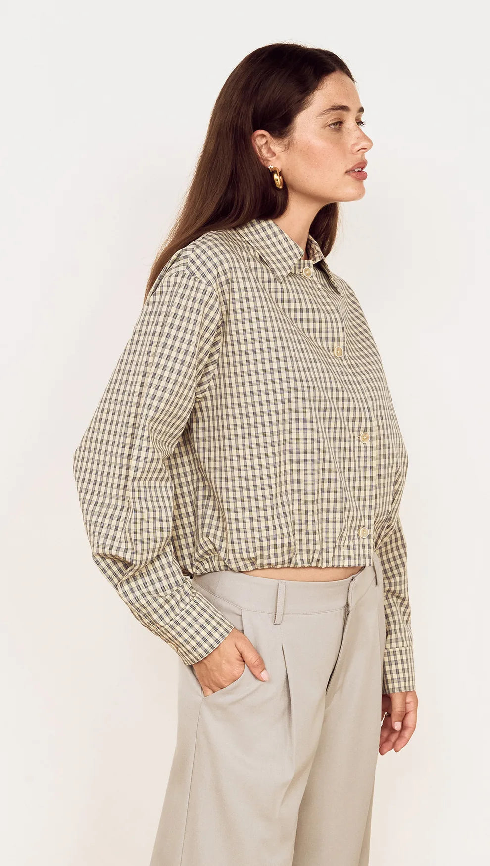 Cotton Bubble Hem Shirt in Blue Check