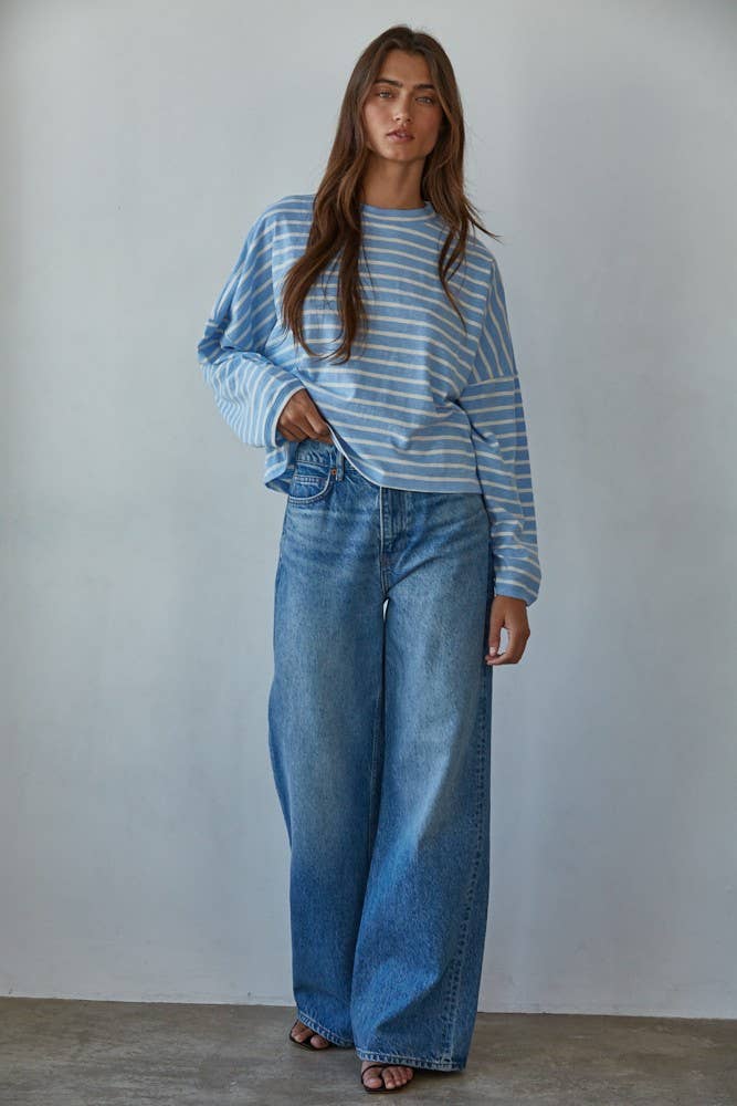 Knit Cotton Striped Mock Neck Long Sleeve