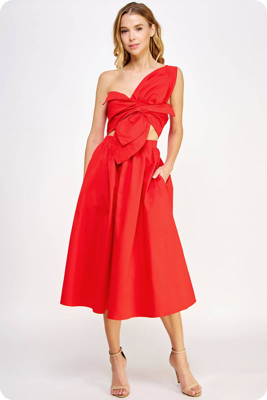 Cherry Red Knotted Flower Bow Midi Dress