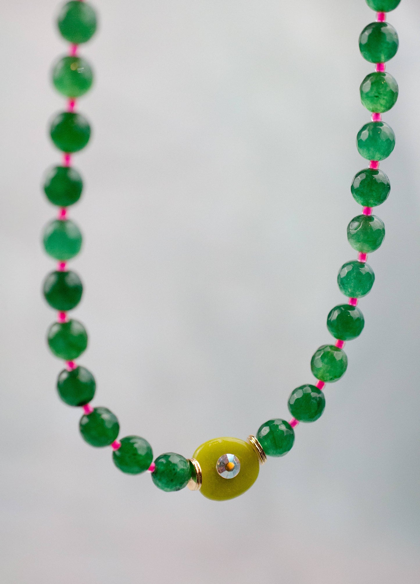 Emerald Green and Pink  Beaded Necklace