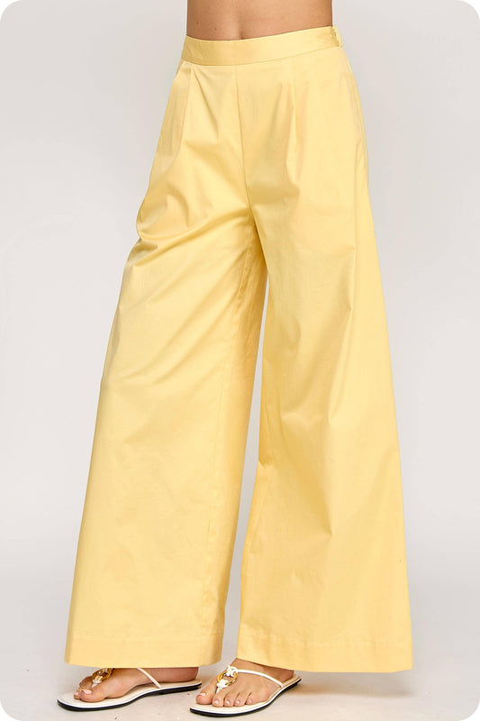 Butter Yellow Pleat Detail Wide Leg Twill Pants
