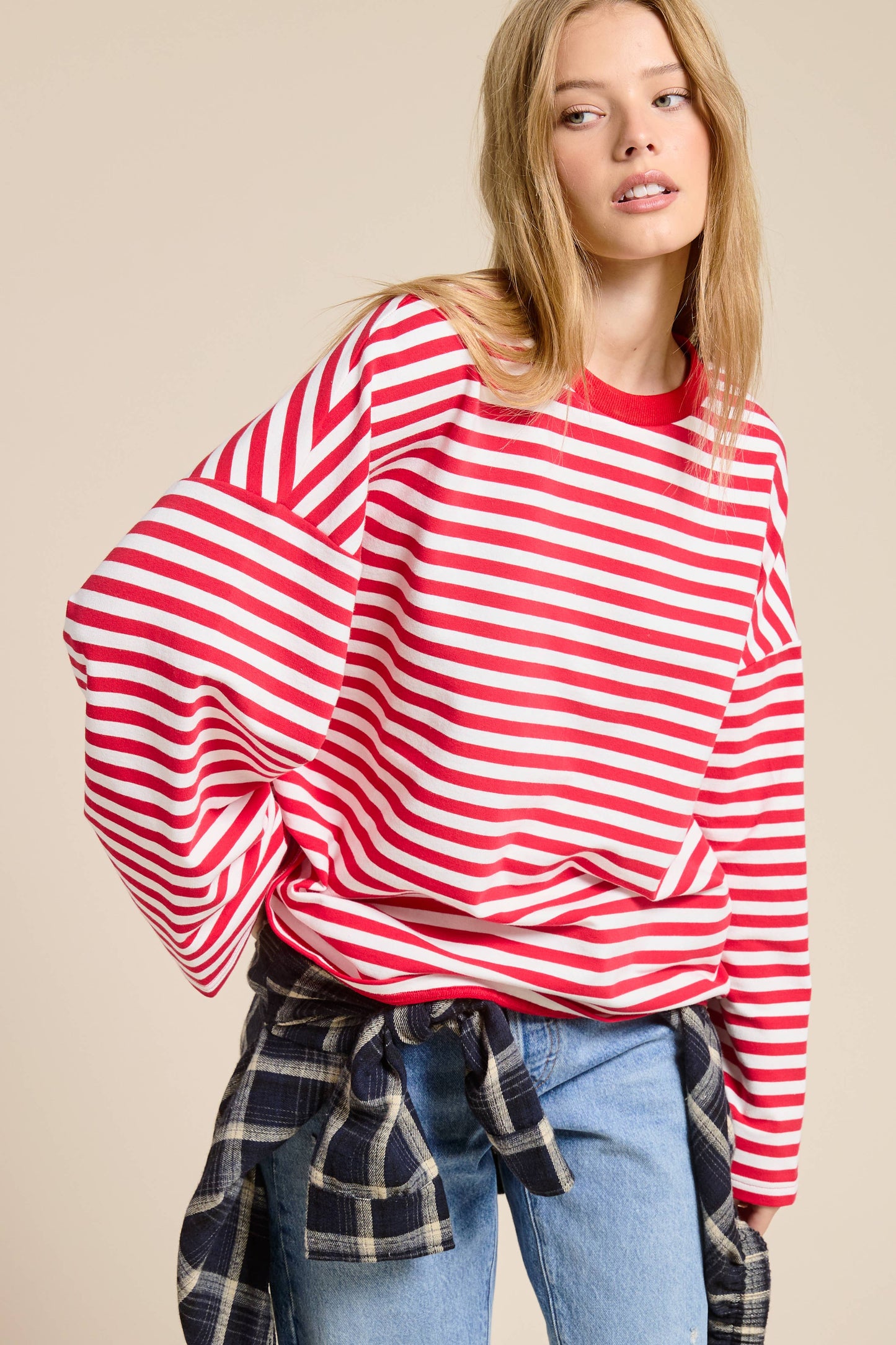 Red and White Striped Terry Oversized Long Sleeve Top