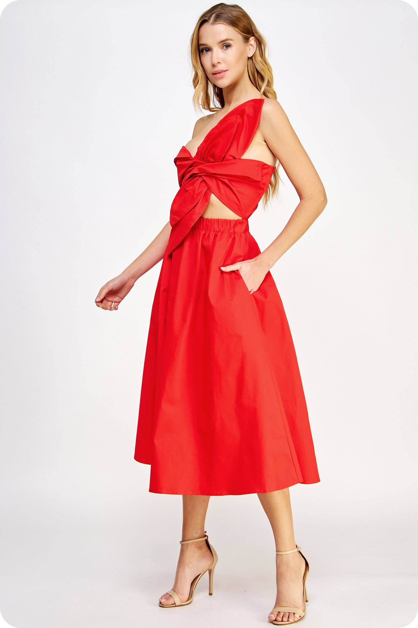 Cherry Red Knotted Flower Bow Midi Dress