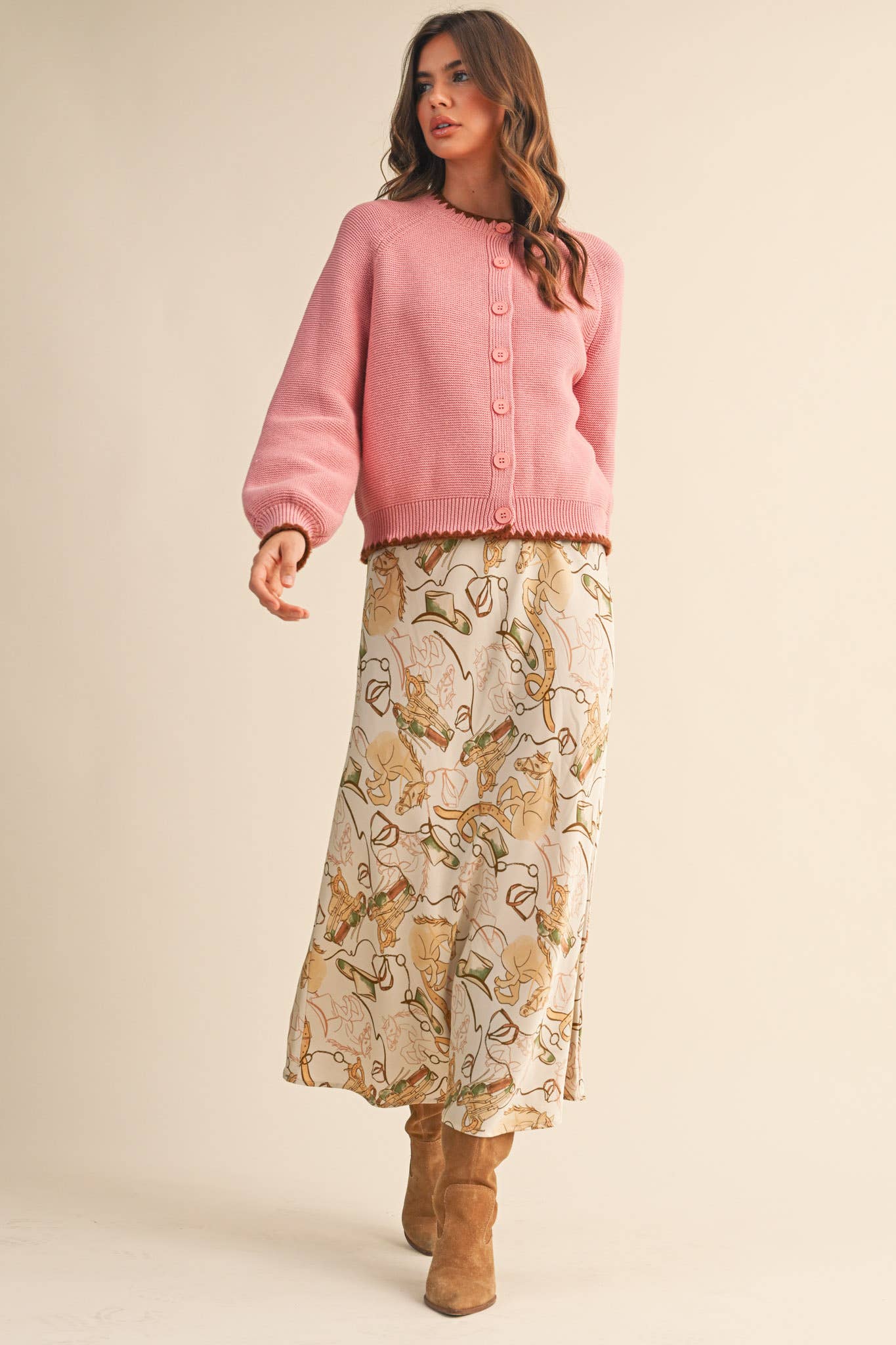 Pink + Brown Cardigan with Contrast Stitch