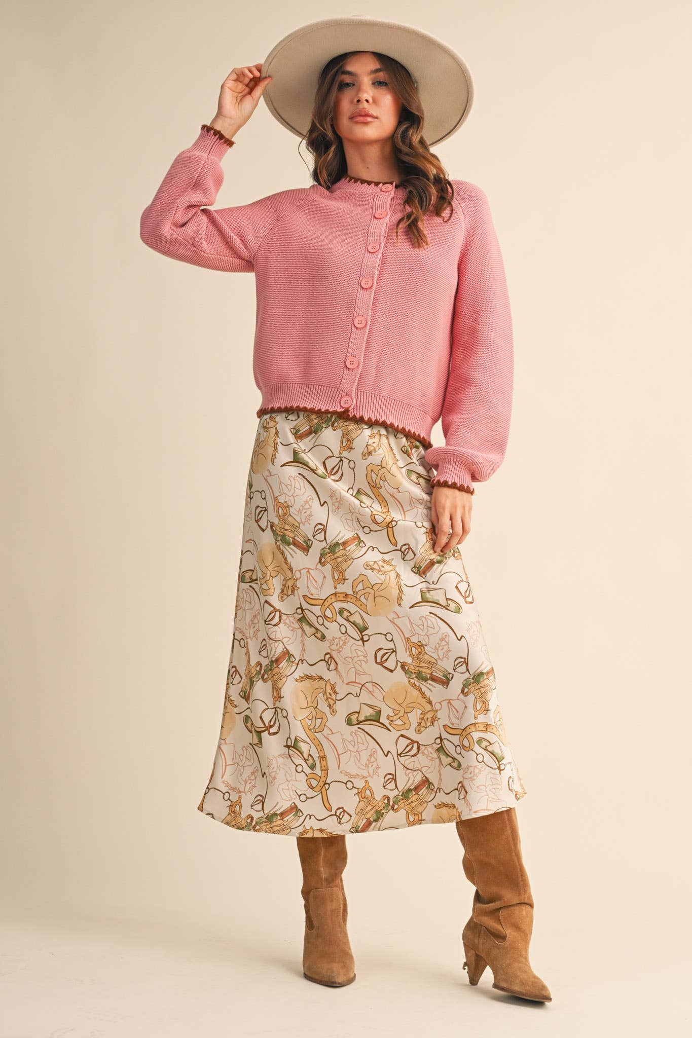 Pink + Brown Cardigan with Contrast Stitch