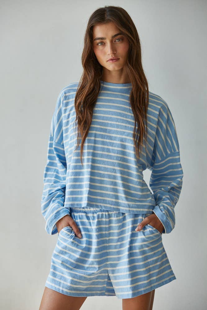 Knit Cotton Striped Mock Neck Long Sleeve