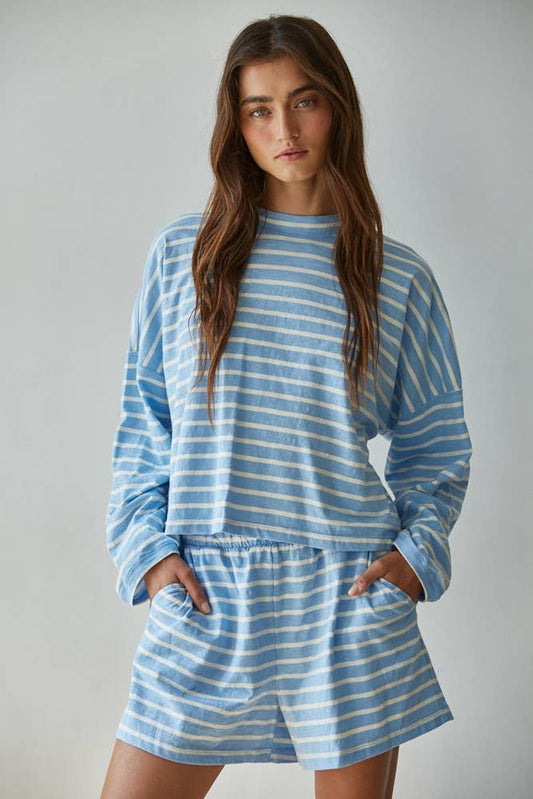 Knit Cotton Striped Mock Neck Long Sleeve