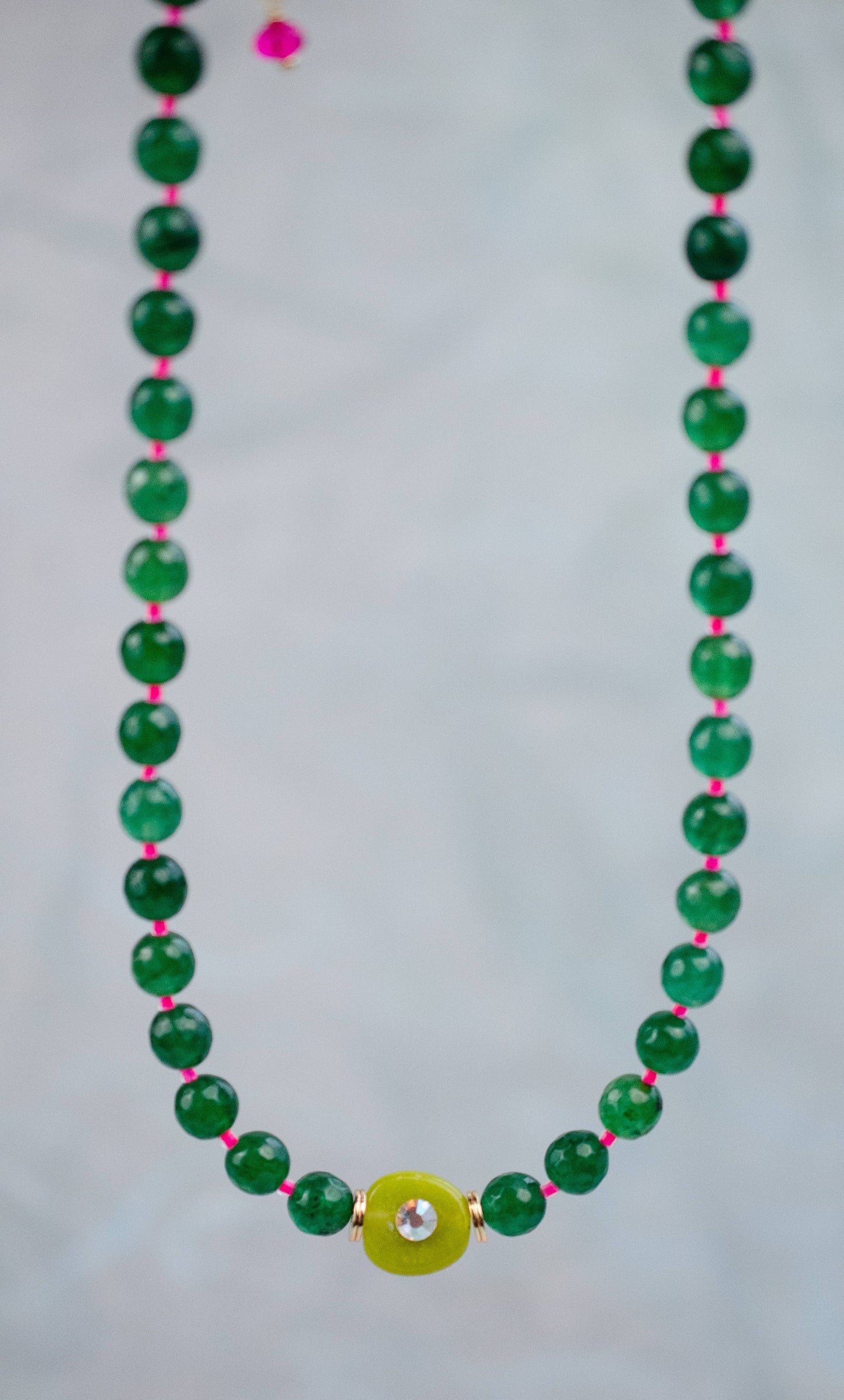 Emerald Green and Pink  Beaded Necklace