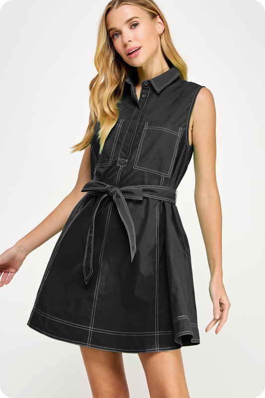 Contrast Top Stitch Mini Shirt Dress