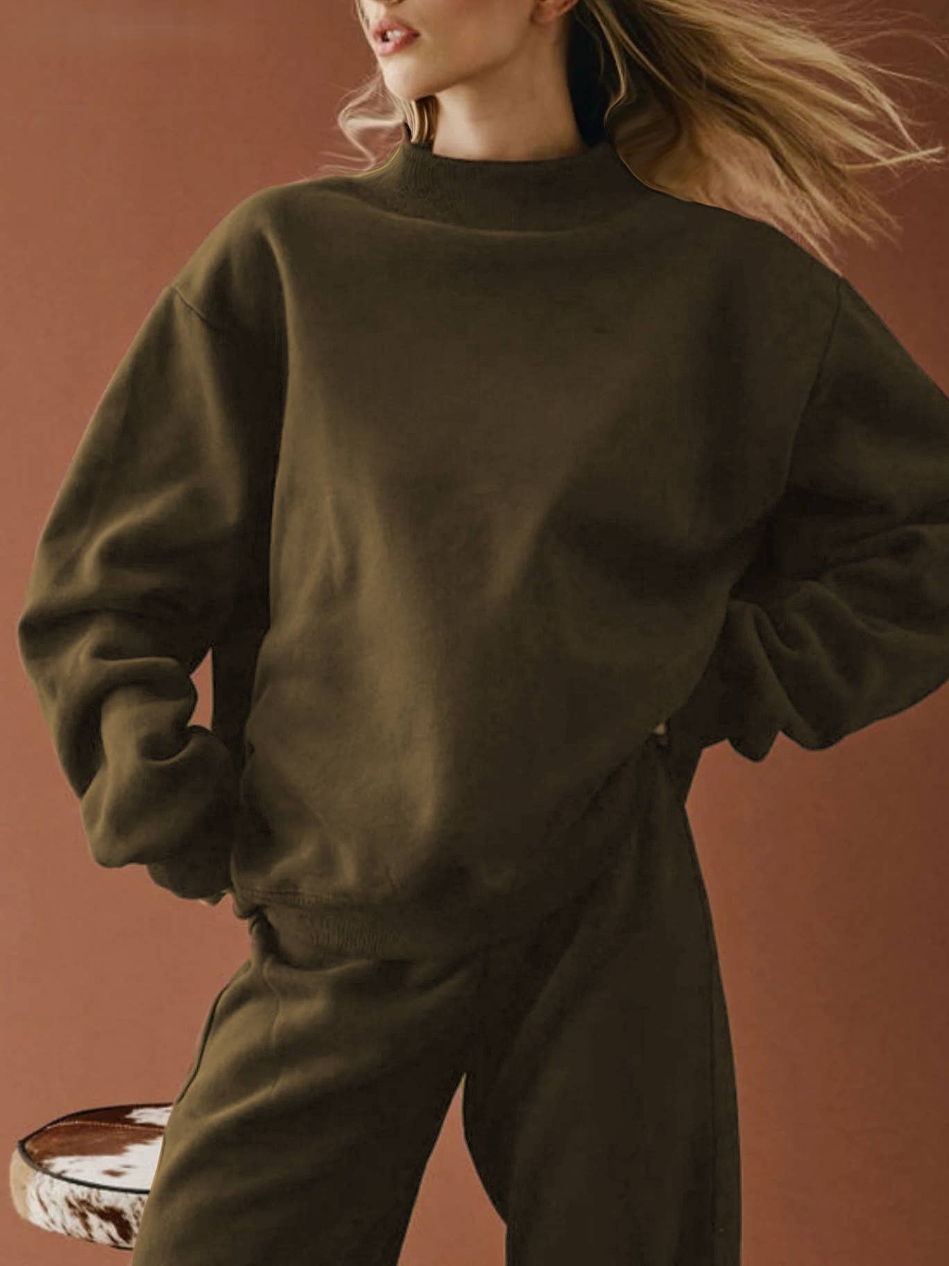 Cotton blend Fleece Oversized mock neck sweatshirt in solid