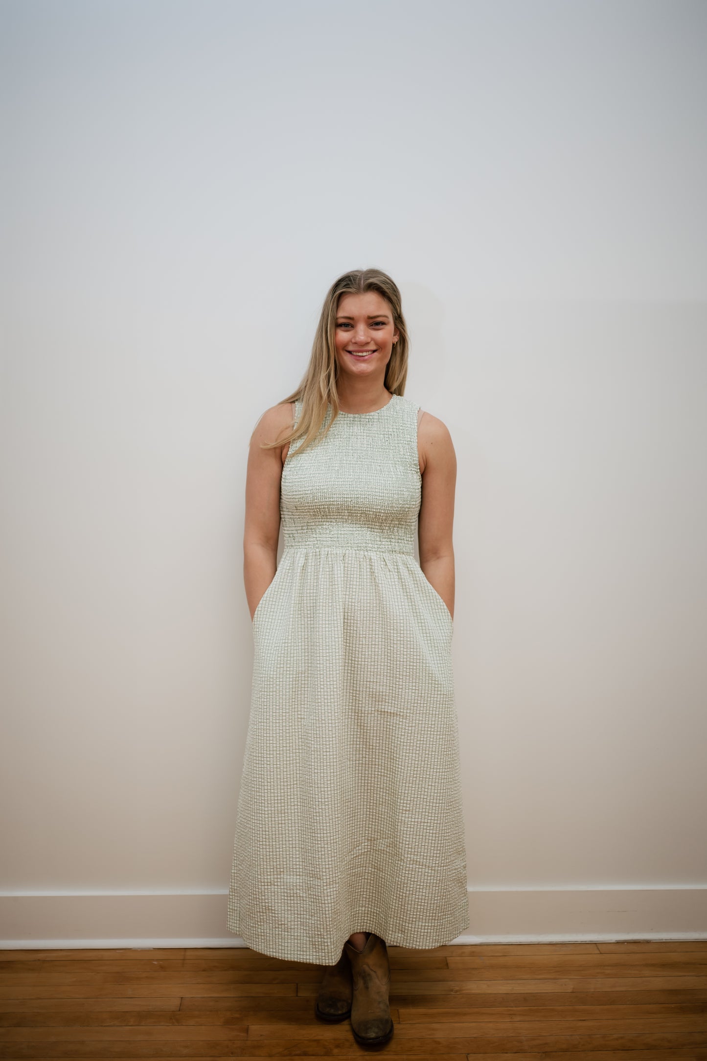 Green Gingham Smocked Midi Dress