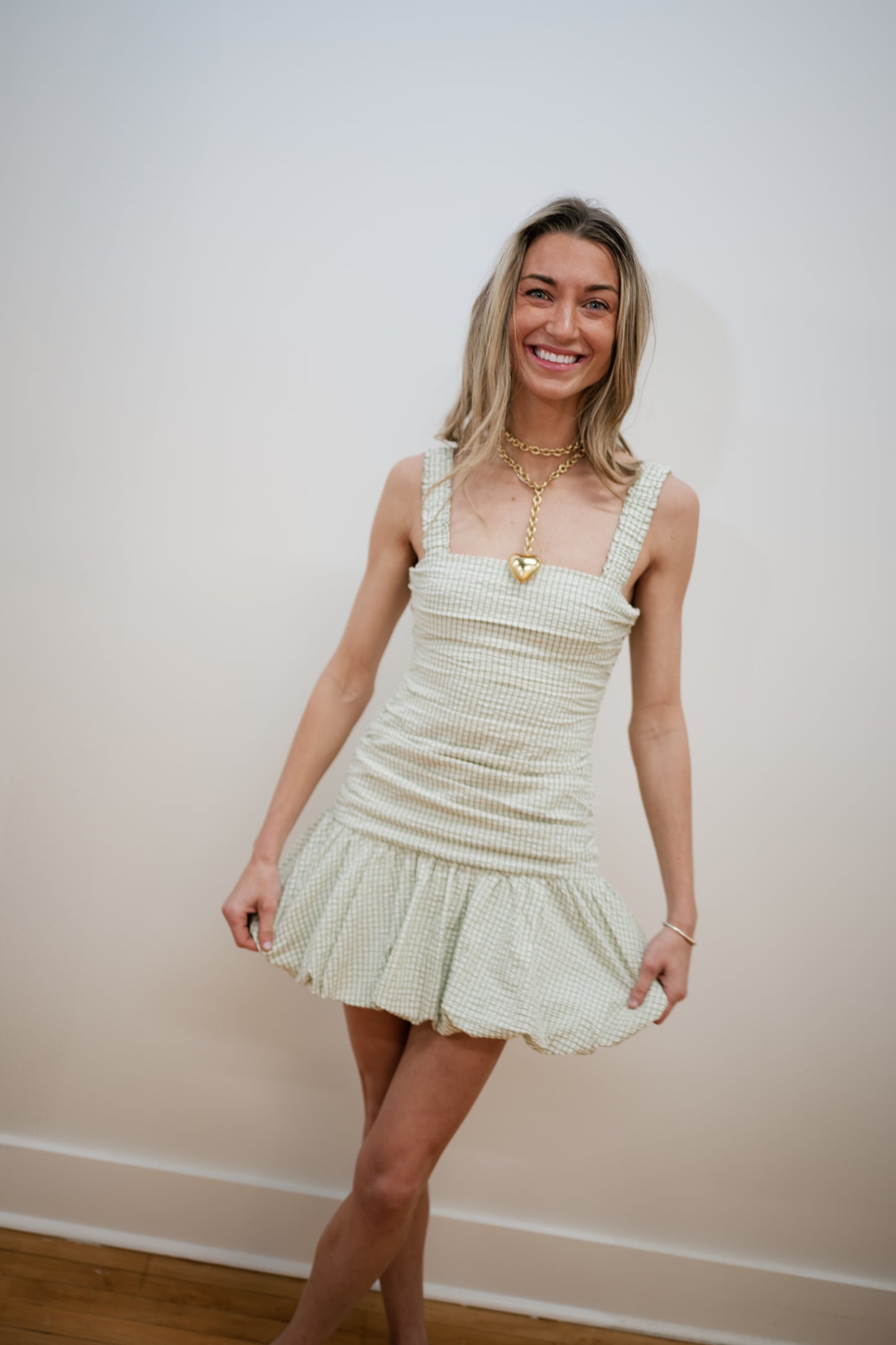 Green Gingham Bubble Mini Dress