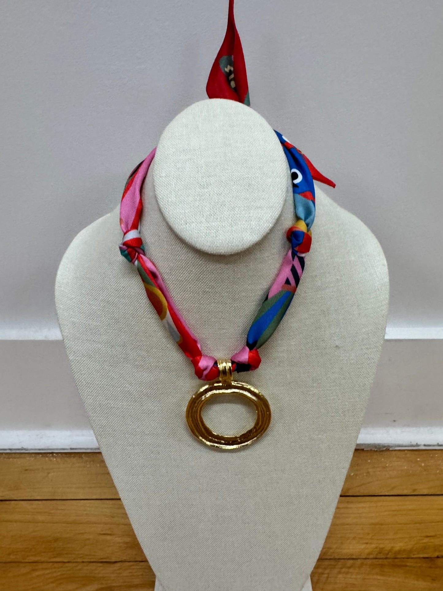 Red and Pink Scarf Necklace with Donut