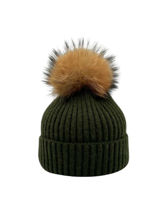 Olive Rib Hat with Pom Pom