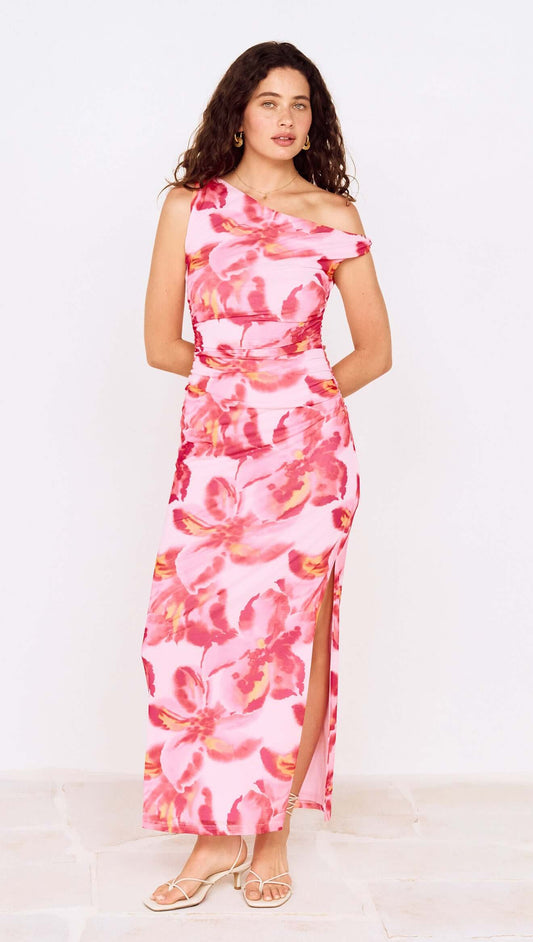 Pink Floral Off-Shoulder Mesh Midi Dress