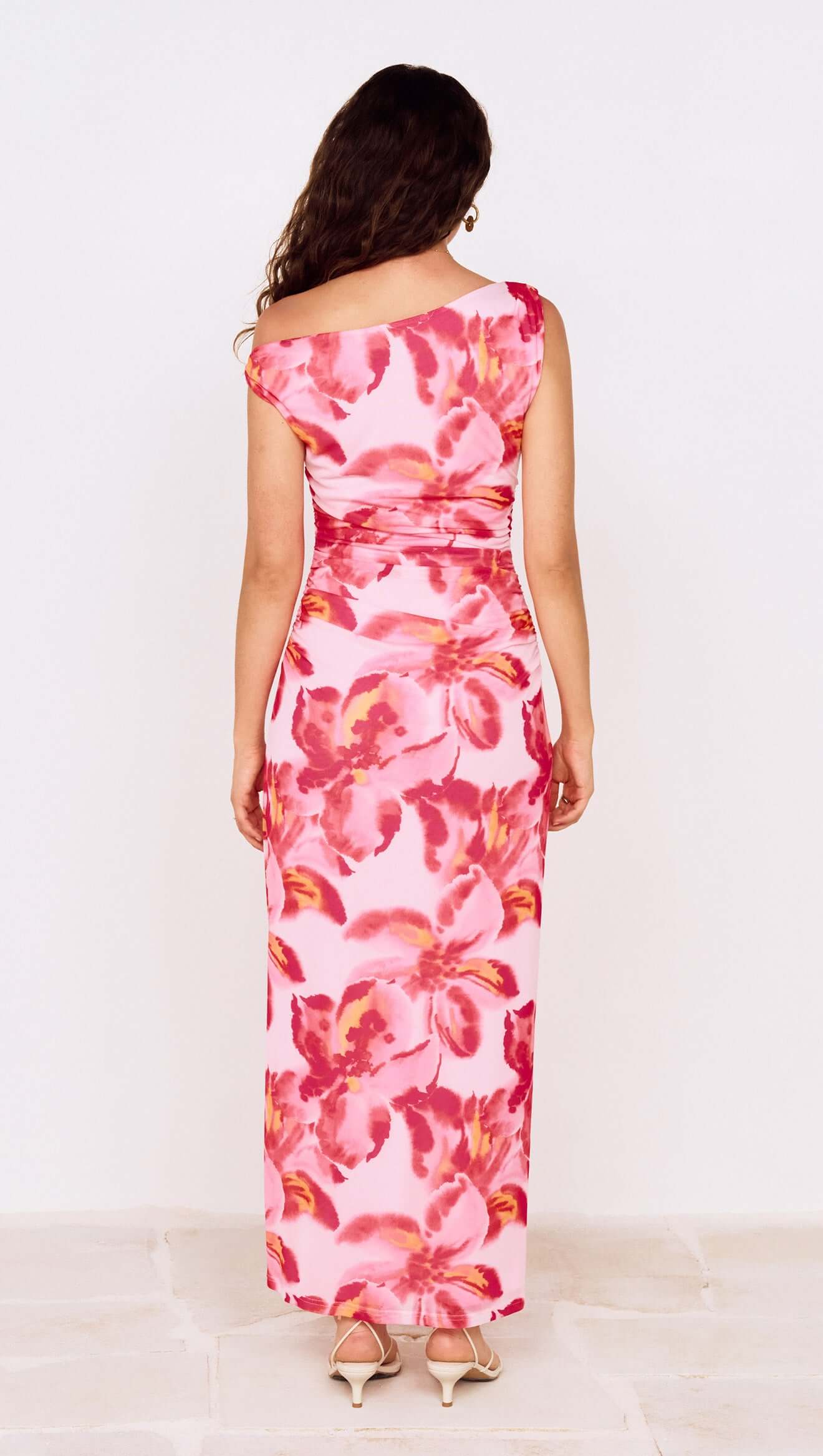 Pink Floral Off-Shoulder Mesh Midi Dress