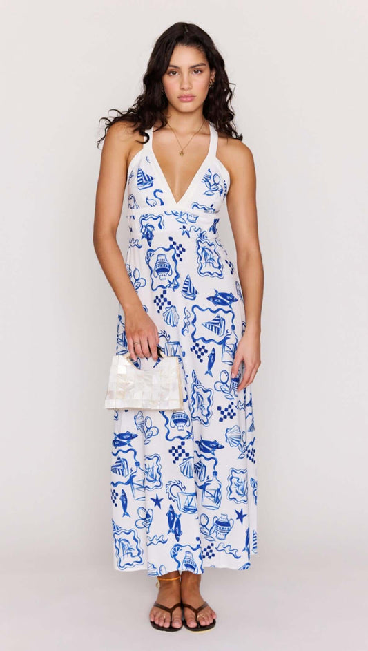 Blue Summer Cotton Blend Halter Neck Midi Dress