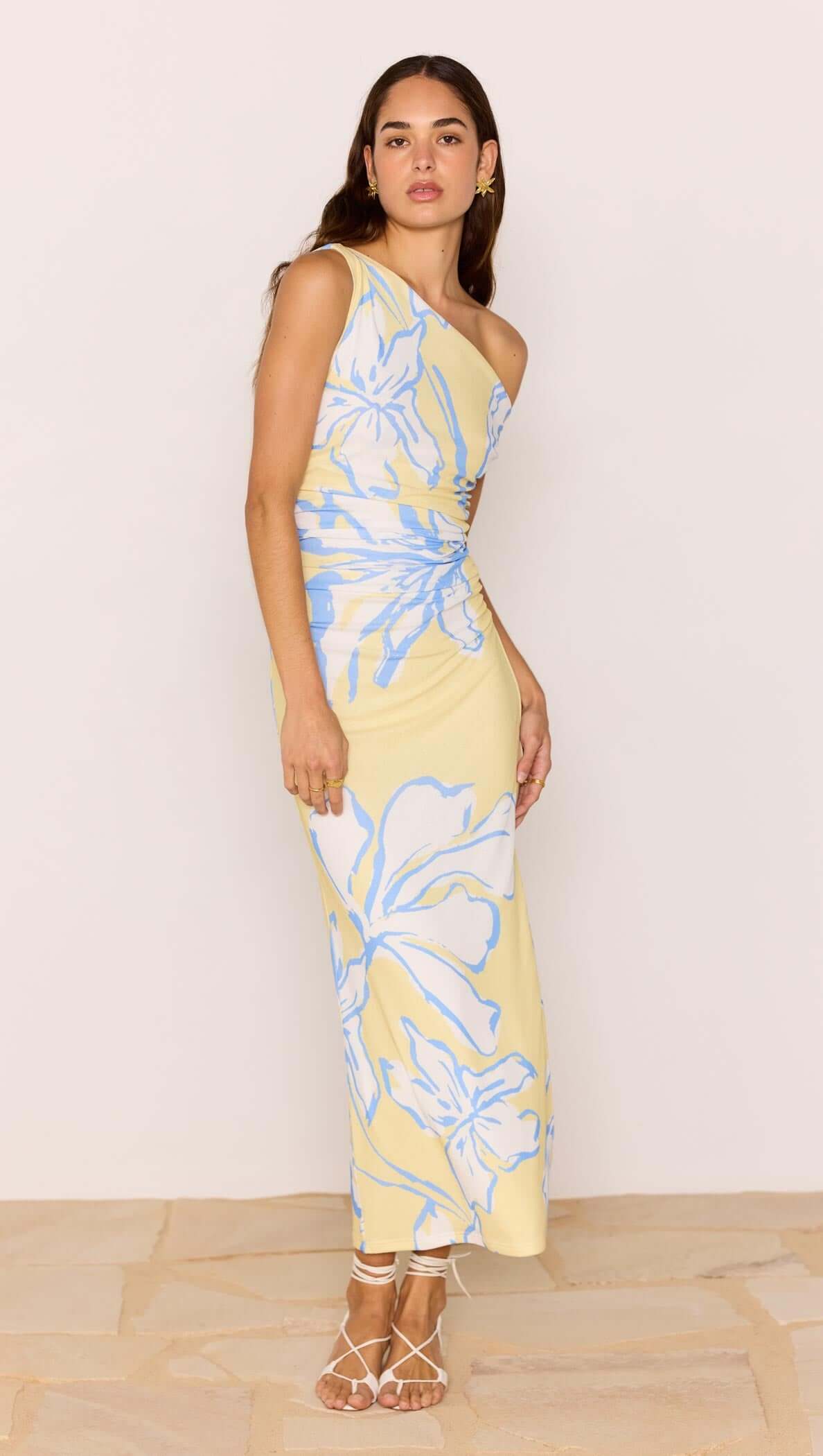 Yellow & Blue Floral Asymmetric Mesh Maxi Dress