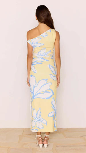 Yellow & Blue Floral Asymmetric Mesh Maxi Dress