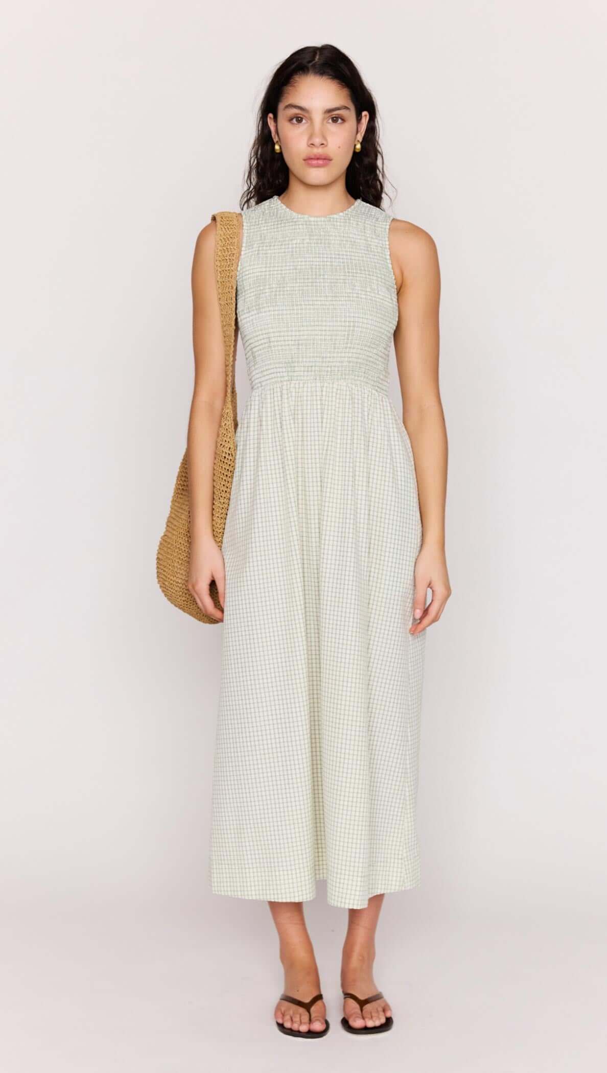 Green Gingham Smocked Midi Dress