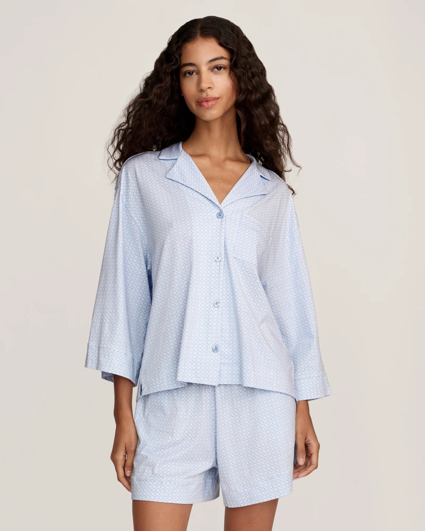 The Olivia Lightweight Pima Short Set in Periwinkle Geo