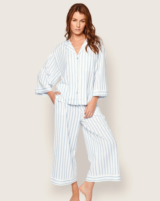 The Olivia Wide Leg Pima Pajama Set in Periwinkle Stripe