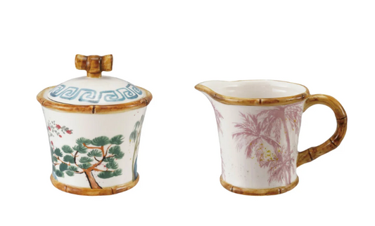 Hand-Painted Stoneware Sugar Pot with Lid & 8 oz. Creamer with Bamboo Style Edges, Set of 2