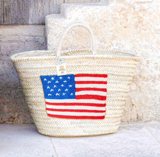 Handcrafted Woven Straw Bag with US Flag