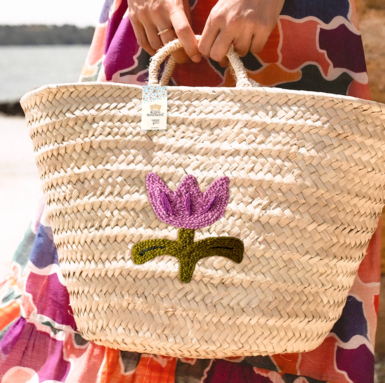 Purple Flower Straw Basket Bag - Practical Handmade bag
