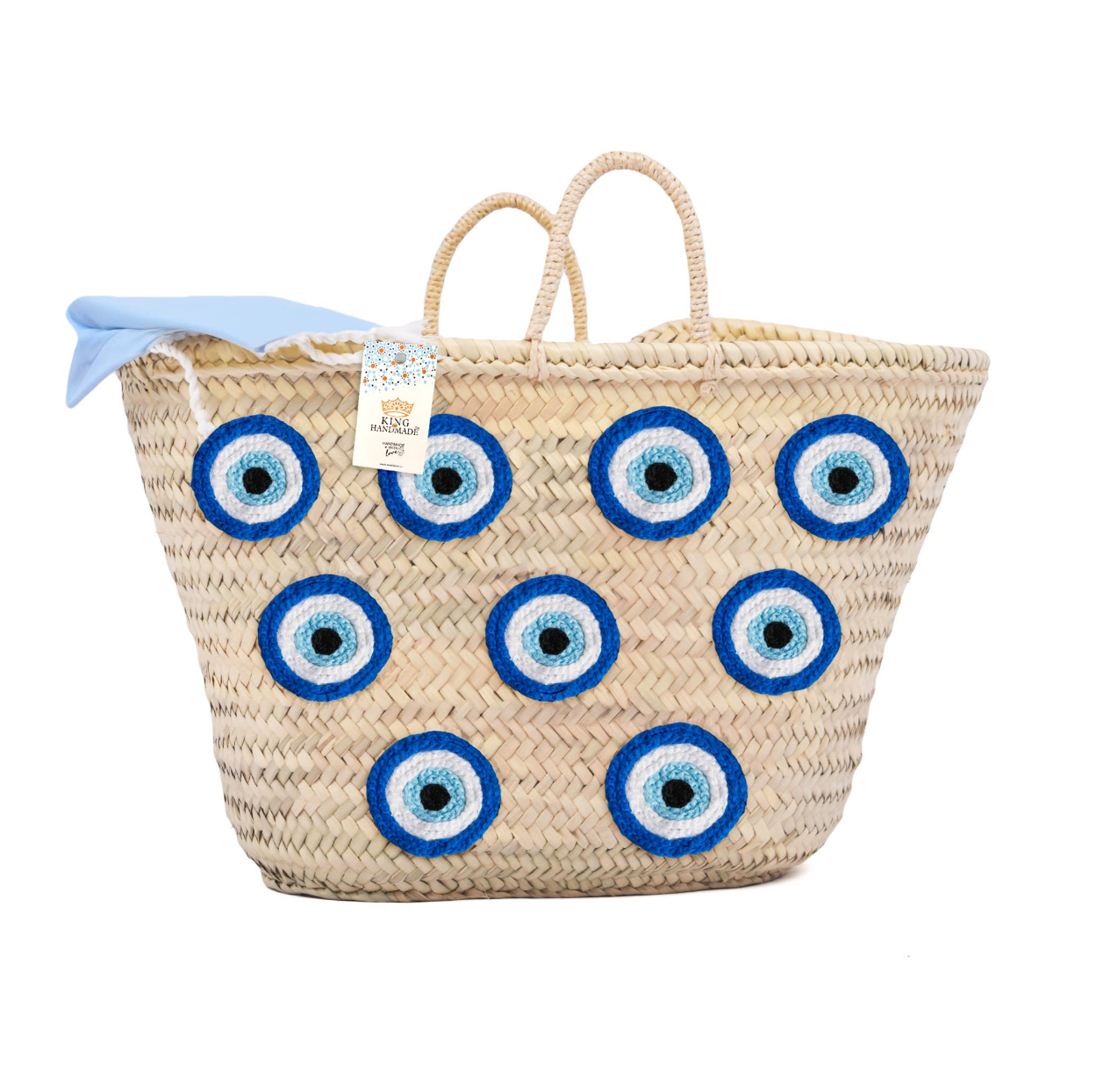 Moroccan Market Basket with Blue Evil Eyes - Handmade Basket