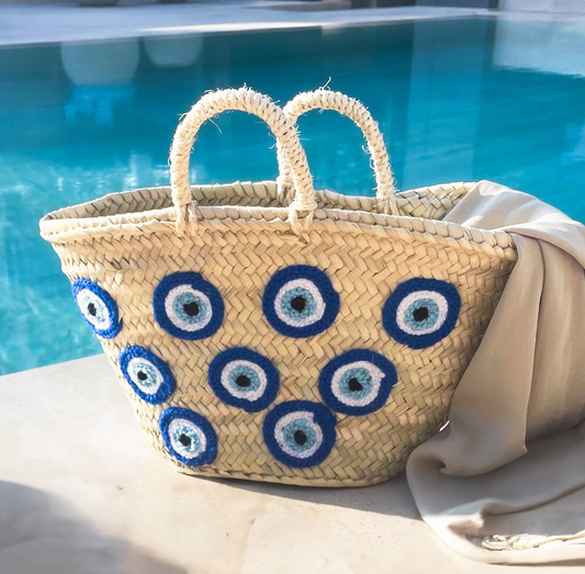 Moroccan Market Basket with Blue Evil Eyes - Handmade Basket