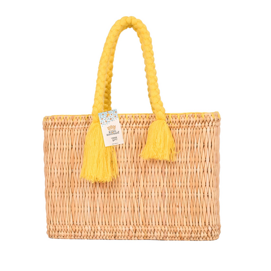Handmade Straw Tote with Braided Yellow Handles - Party Bag
