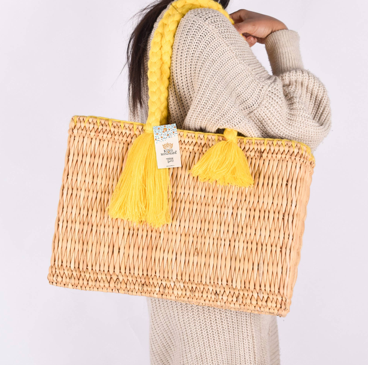 Handmade Straw Tote with Braided Yellow Handles - Party Bag