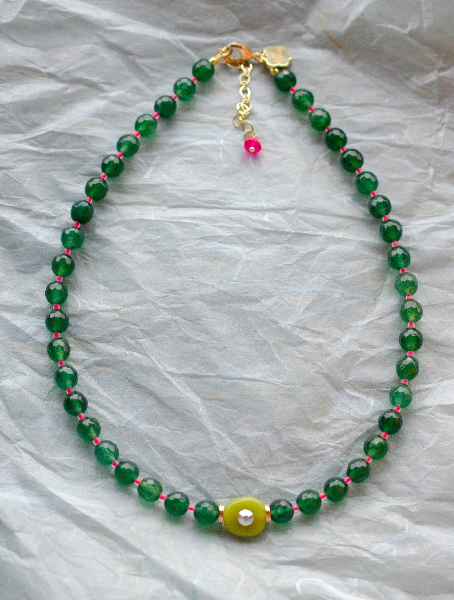 Emerald Green and Pink  Beaded Necklace