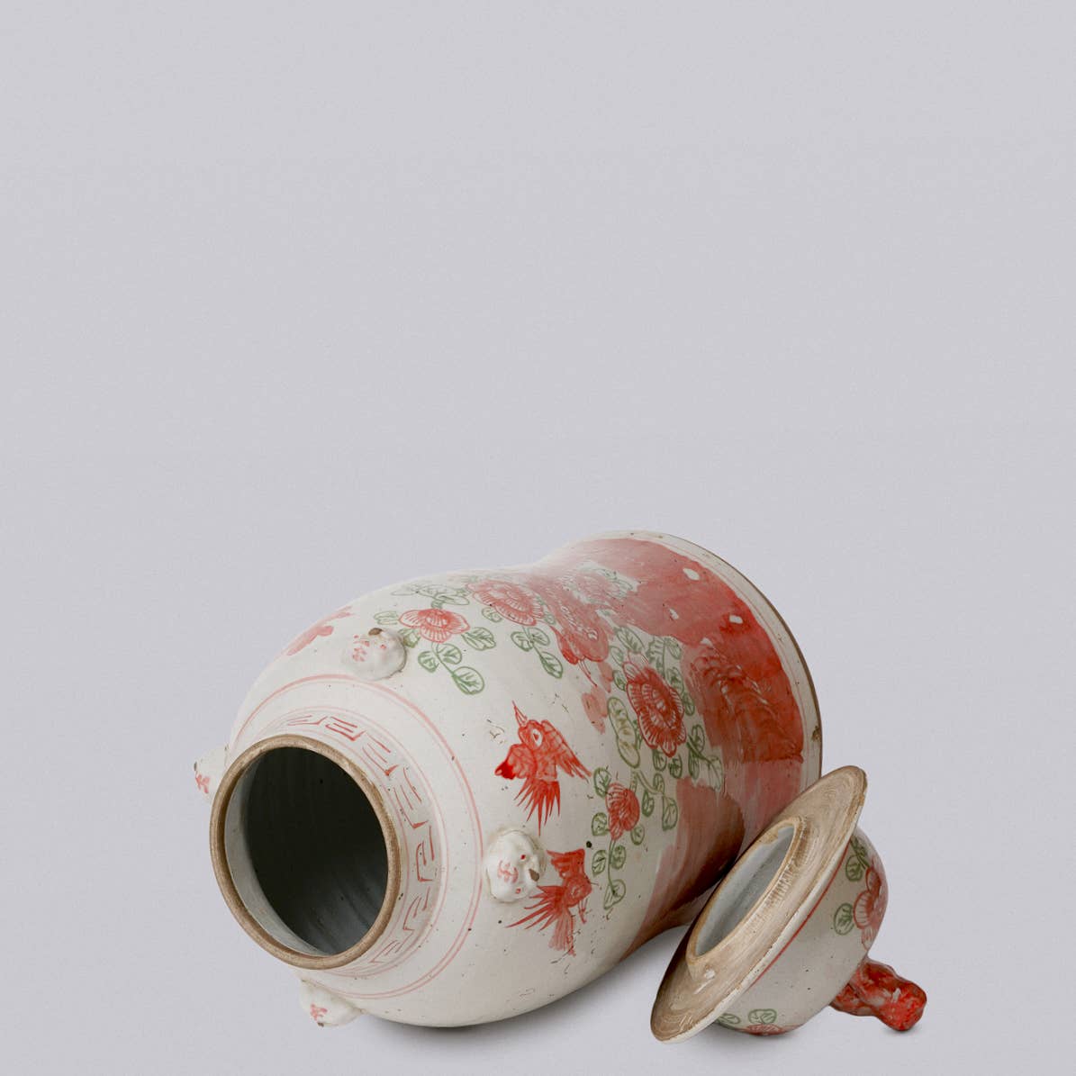 Pink and Green Porcelain Bird and Flower Temple Jar