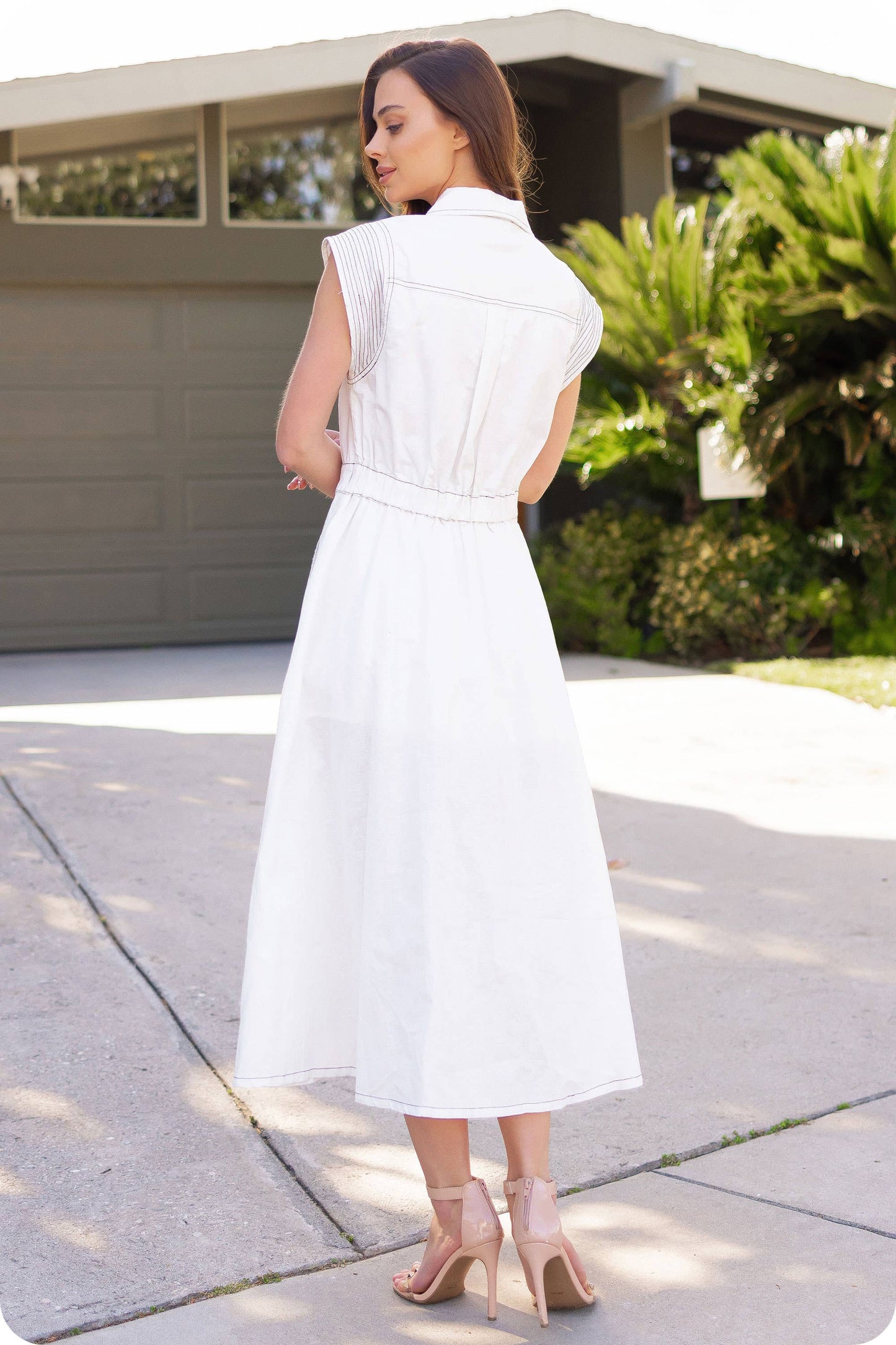 Top-Stitch Sleeveless Linen Midi Dress