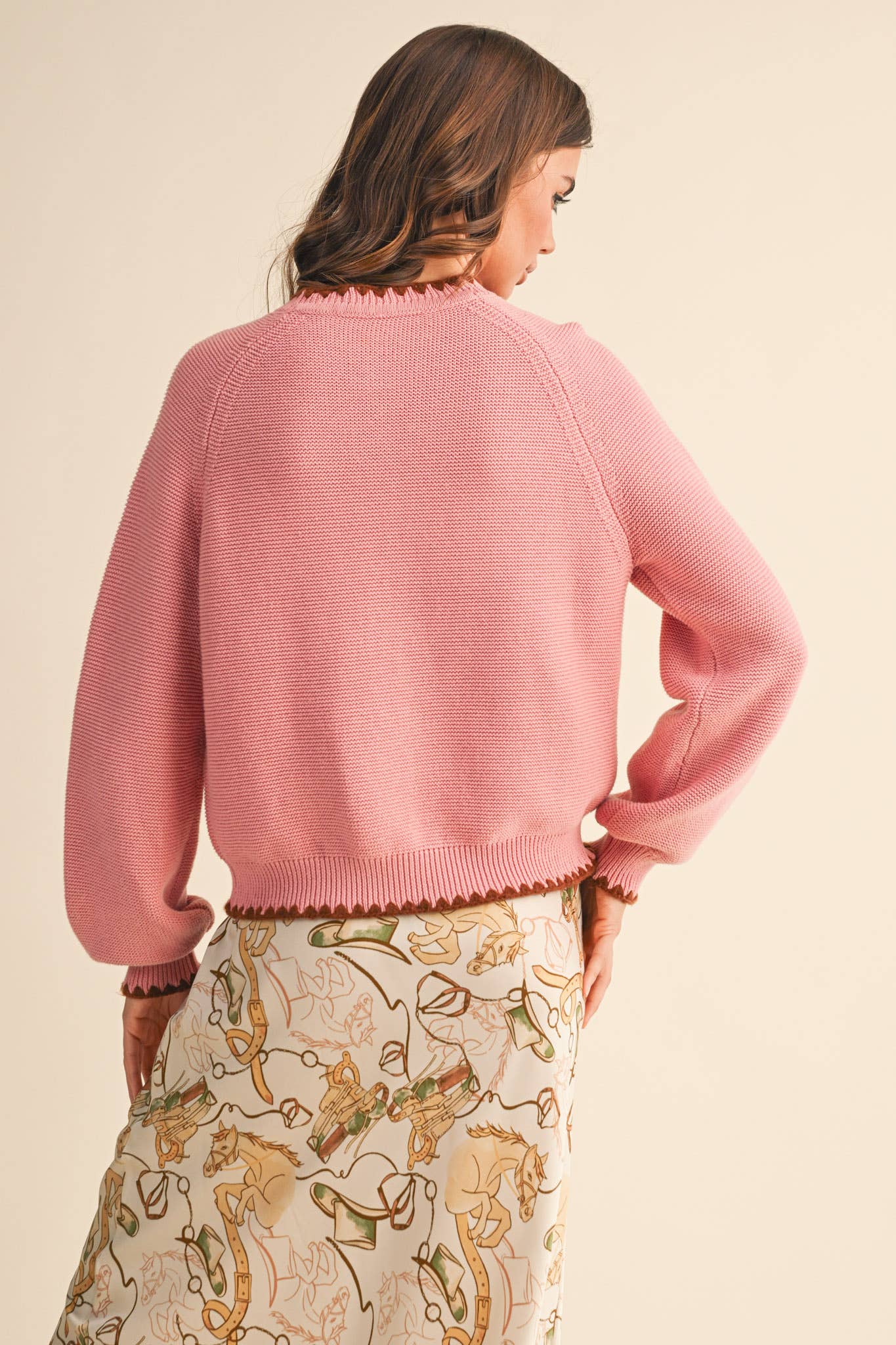 Pink + Brown Cardigan with Contrast Stitch
