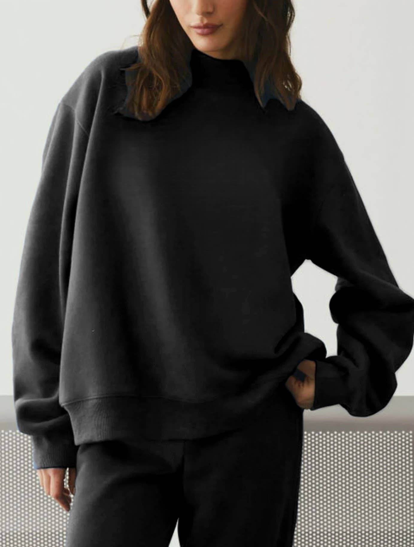 Cotton blend Fleece Oversized mock neck sweatshirt in solid