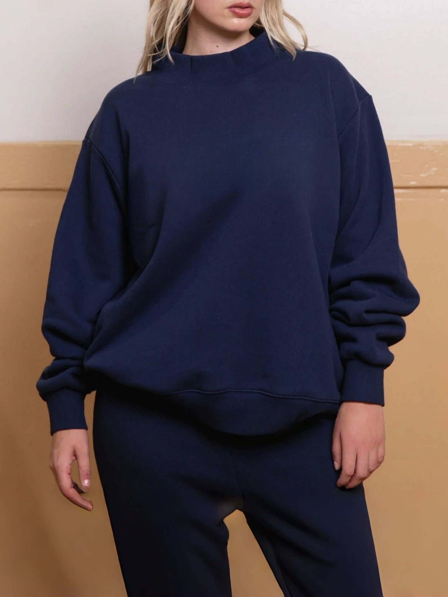 Cotton blend Fleece Oversized mock neck sweatshirt in solid