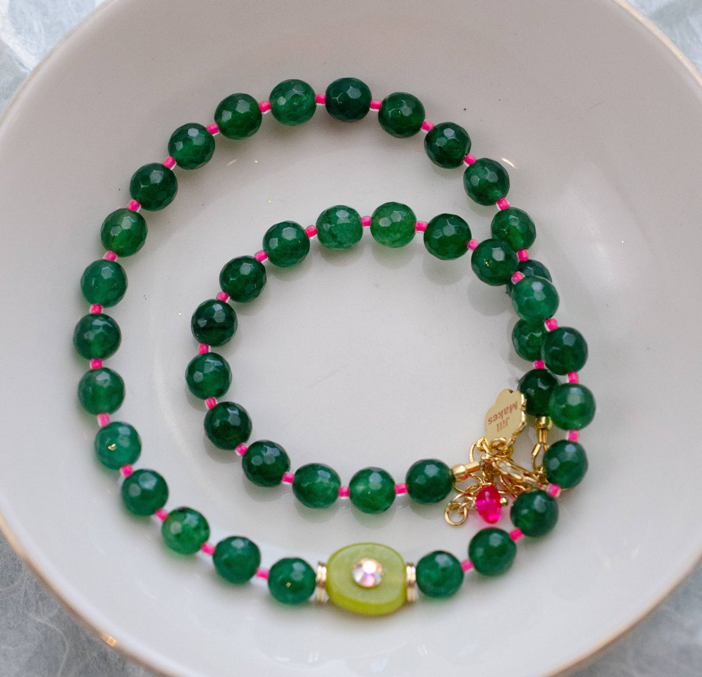 Emerald Green and Pink  Beaded Necklace