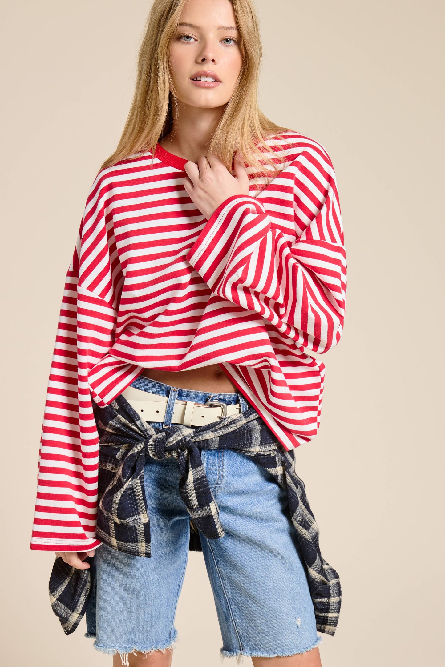 Red and White Striped Terry Oversized Long Sleeve Top