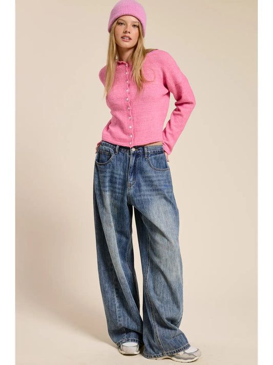 Essential Button Down Cardigan Top in Barbie