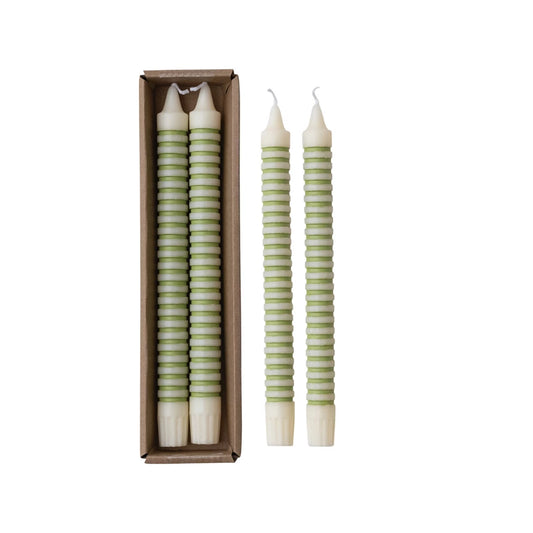 Striped Taper Candles in Box, Green, Set of 2