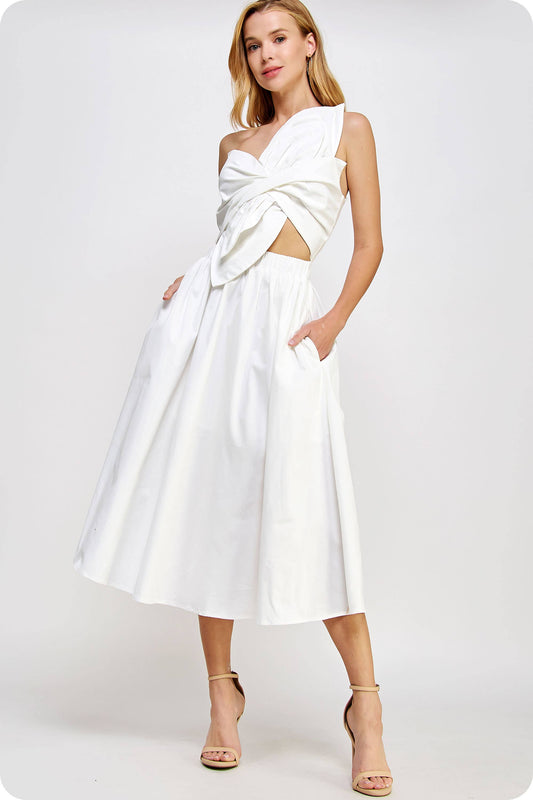 White Knotted Flower Bow Midi Dress