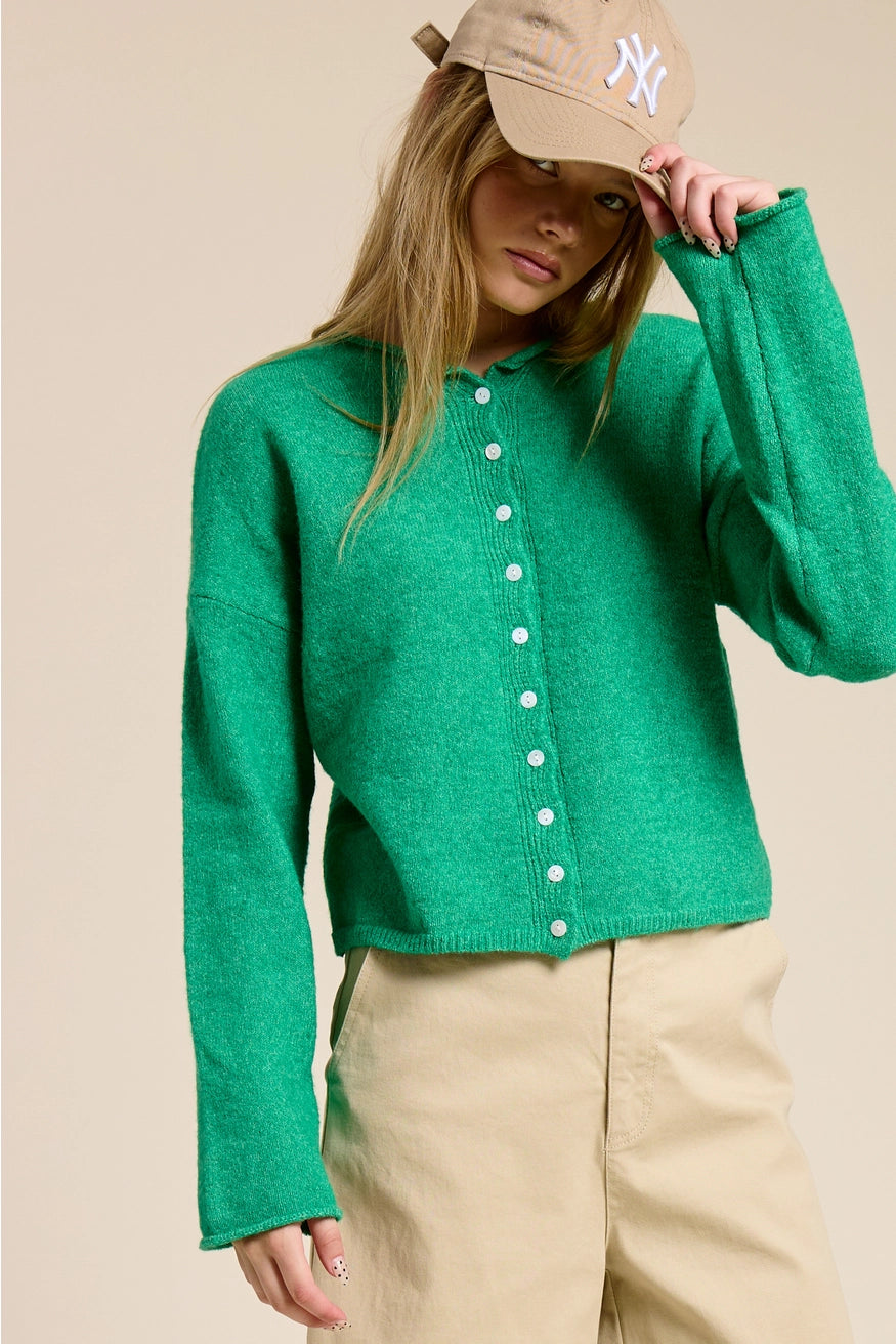 Essential Button Down Cardigan Top in Kelly