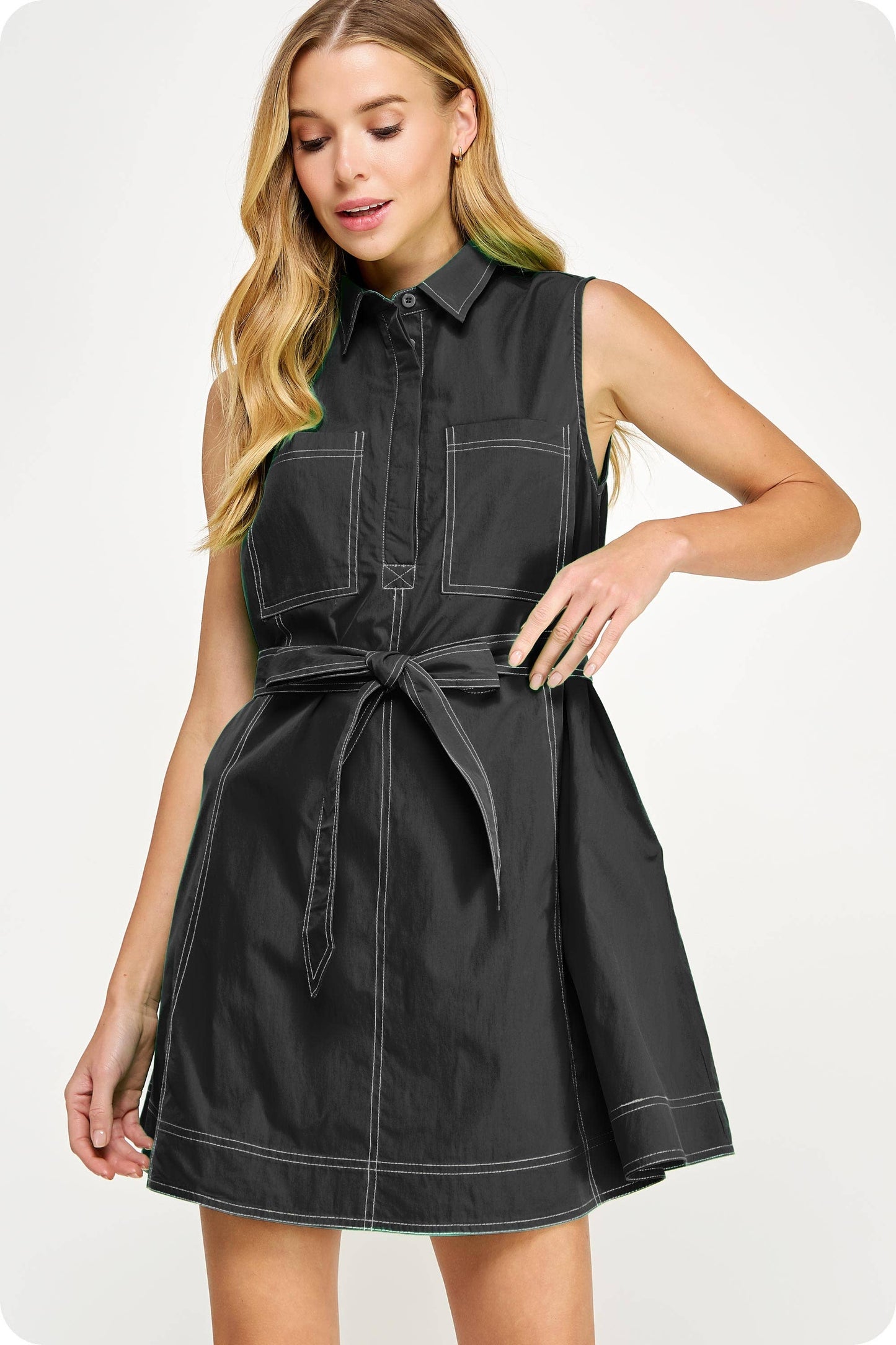 Contrast Top Stitch Mini Shirt Dress