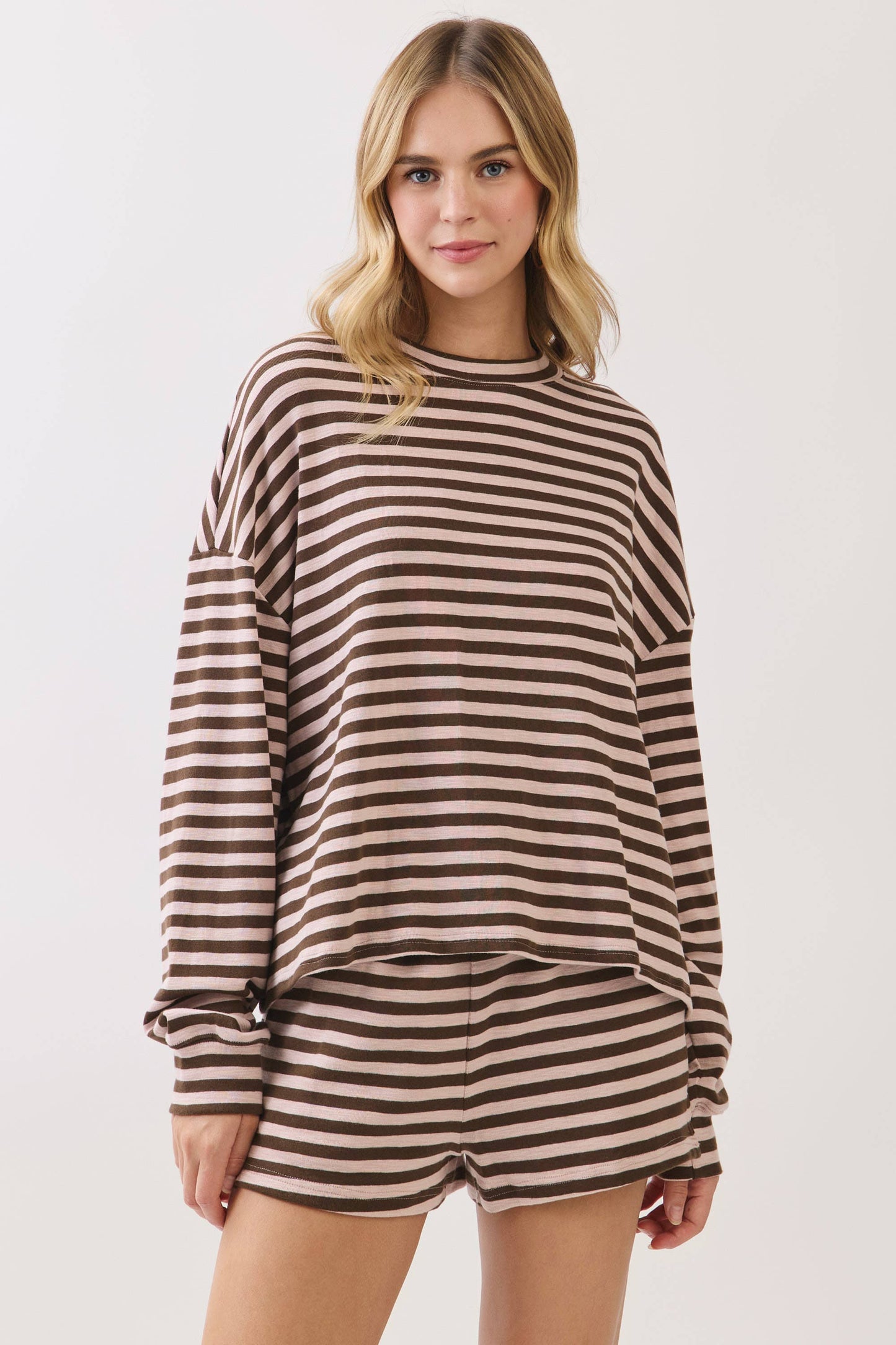 Striped Dropped Shoulders Relaxed Long Sleeve Top